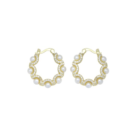 Clear Cz Gold Wave Line Pearl Hoop Earrings, Sku#Lk1009
