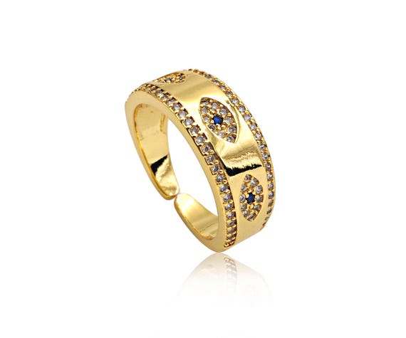 Gold Filled Cobalt Evil Eye Adjustable Ring, Open Ring, 18K Gold Filled Ring, Statment Ring, Pave Ring, 21x20mm,Sku#X195