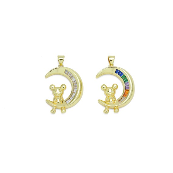 Baguette Cz Teddy Bear On Cresent Moon Pendant, Sku#Lx629