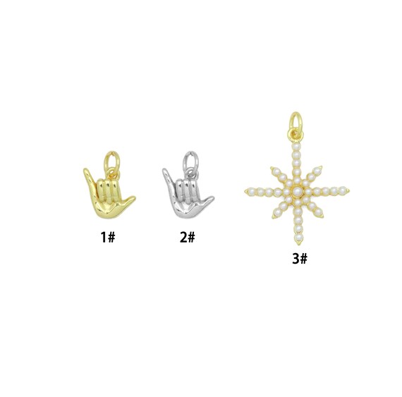 Gold Silver Shaka Hand Gesture Pearl North Star Pendant charm, Sku#A511