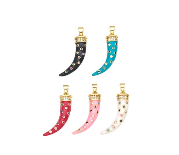 Colorful Cz Micropave Horn Shape Pendant, 18K Gold Filled Colorful Enamel Horn Charm, Necklace Bracelet Charm Pendant, 9X28Mm,Sku#F1429