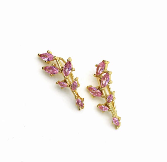 Gold Pink Cz Ear Climber Earrings, Branch Earrings, Sku#B224