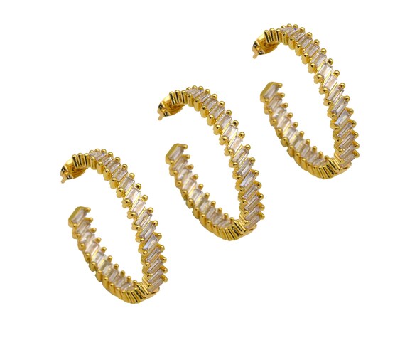 Gold Filled Baguette Cz Hoop Earrings, Sku#Ld379