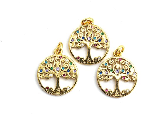 Cz Colorful Micro Pave Round With Tree Pendant, Tree Pave Pendant|Charm, Gold Plated, 14X16Mm, Sku#F759