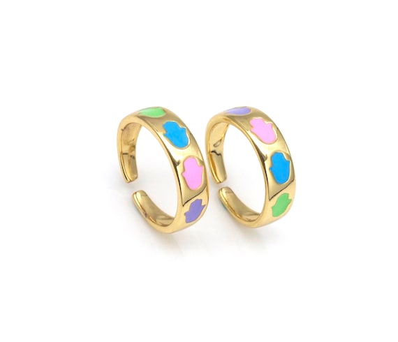 Colorful Enamel Hamsa Hand Adjustable Ring, 18K Gold Filled Open Ring, Enamel Open Ring, Statement Ring, 21X6Mm,Sku#Ld151
