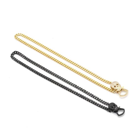 Gold Black Cuban Chain Skull Necklace,Sku#Ef316