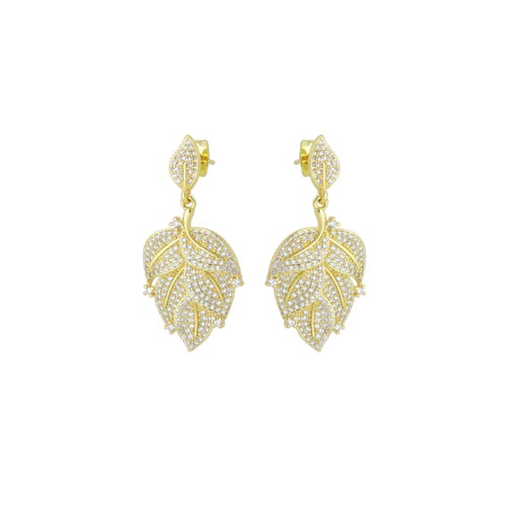 Clear Cz Gold Leaf Shape Stud Earrings, Sku#Lx835