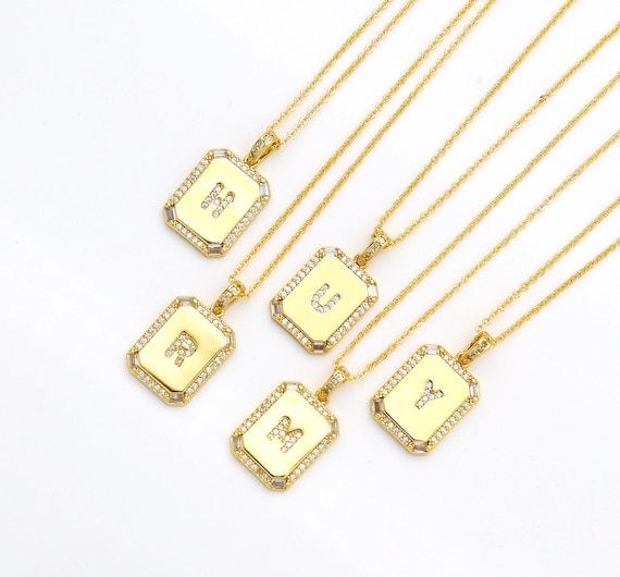 Gold Filled Tile Initial Letter Necklace, Peronalized Necklace, Sku#Cl25
