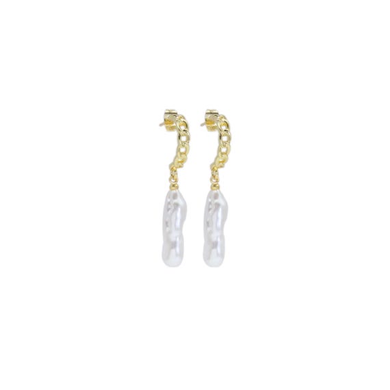 White Pearl Twisted Gold Hoop Stud Earrings, Sku#Lx449