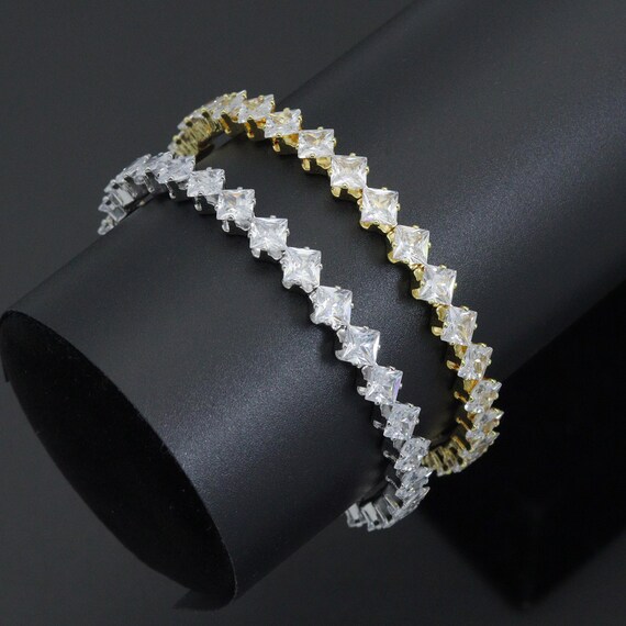 Gold Silver Clear Rhombus Diamond Shape CZ Stretchy Bracelet, Sku#A506