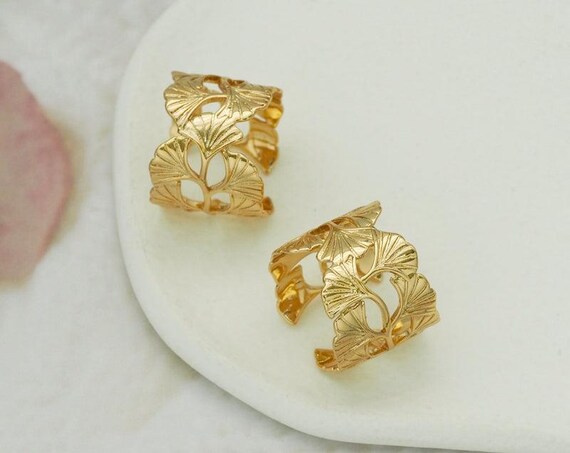 Cz Gold Ginkgo Leaf Adjustable Ring, Sku#Y757