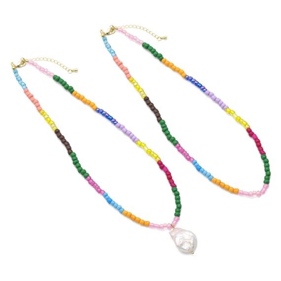 Colorful Beaded Necklace With Pearl Pendant, Sku#Ef518