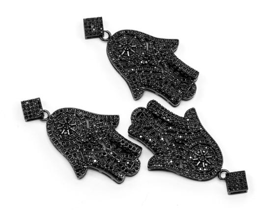 Black Cz Pave On Black Micro Pave Hamsa Hand With Flat Square Bail Pendant, 26X39Mm, Sku#F378