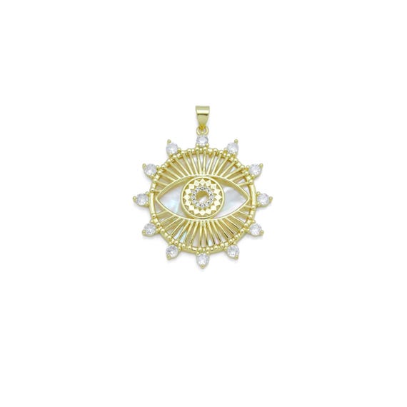 Cz Pave Spike Gold Evil Eye Mother Of Pearl Pendant, Sku#Lx631