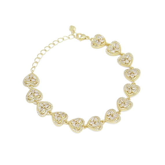 Baguette Cz Gold String Heart Link Adjustable Bracelet, Sku#Ld669