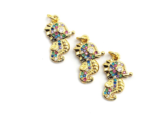 Cz Colorful Micro Pave  Sea Horse Pendant, Sea Horse Shaped Pave Pendant, Seahorse Gold Plated, 12X19Mm, Sku#F749