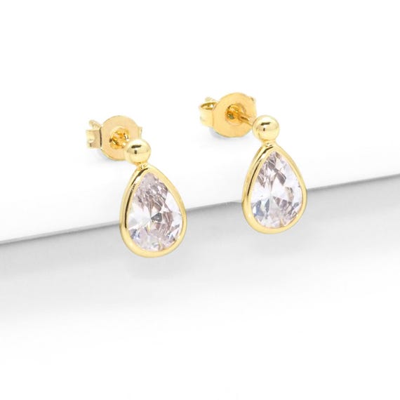 Gold Crystal Cz Teardrop Stud Earrings, Sku#Y783