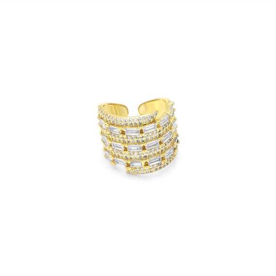 Gold Baguette Cz Statment Adjustable Ring, Sku#Y789