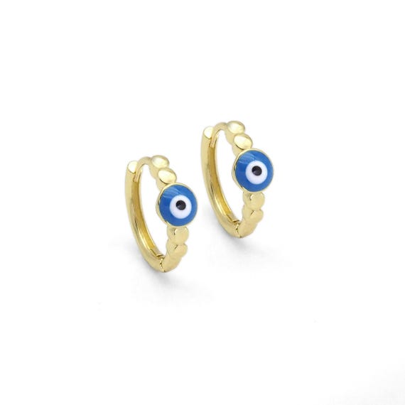Gold Blue Evil Eye Hoop Earrings, Sku#Lk861