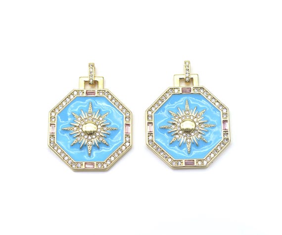 Cz Micro Pave Sun On Blue Enamel Octagon Shape Pendant, 18K Gold Filled Sunburst Charm, Necklace Bracelet Charm Pendant,Sku#Y548