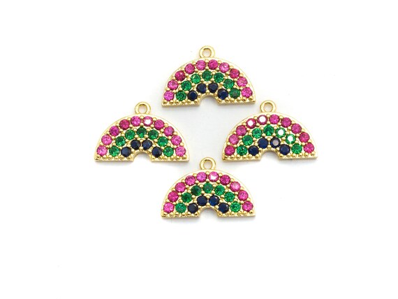 Multi Color Cz Micro Pave Rainbow Pendant, Semicircle Shaped Pave Pendant|Charm, Gold Plated, 16X11Mm, Sku#B110