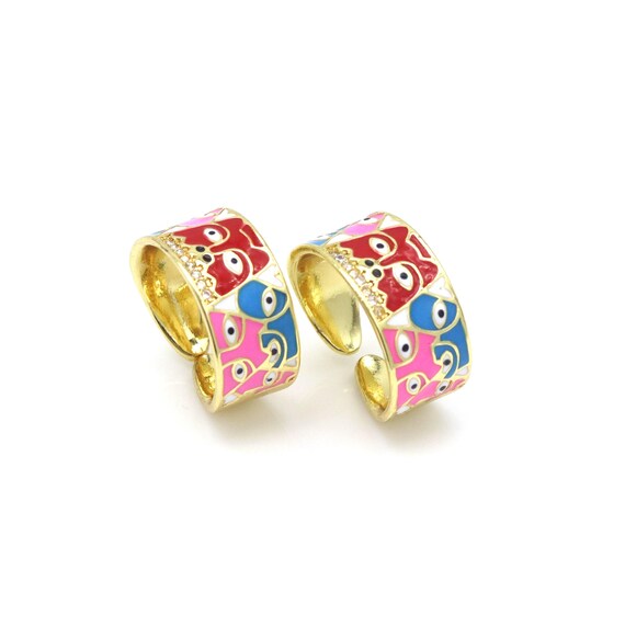 Colorful Enamel Evil Eye On Chunky Adjustable Ring, 18K Gold Filled Cz Micro Pave Open Ring,Statement Ring,Sku#Jl63
