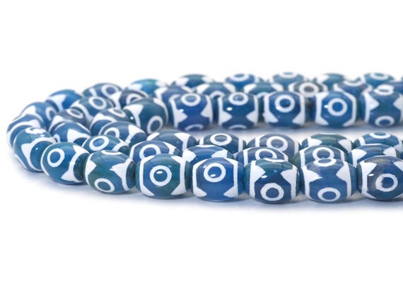 Natural Blue Evil Eye Tibetan Agate, 12x16mm Barrel Beads, Sku#U1478