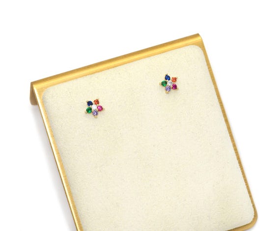 Mini Colorful Cz Gold Flower Stud Earrings, Sku#Ld359