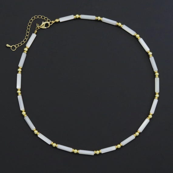 Mother Of Pearl Tube With Gold Spacer Necklace, Sku#Ef545