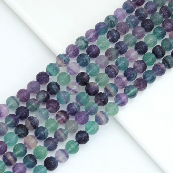 The 10mm Green Puple Carved Flower Flourtie Beads, Sku#U2072