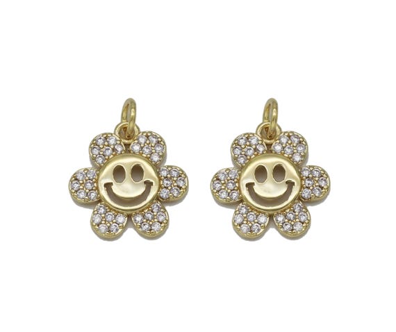 Gold Cz Smiley Face Flower Charm, Sku#L711