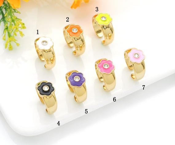 Gold Colorful Enamel Flower Adjustable Ring, Sku#Lx180