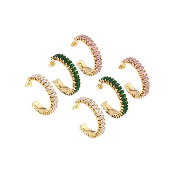 Colorful Baguette Cz Hoop Earring, Sku#Lx206