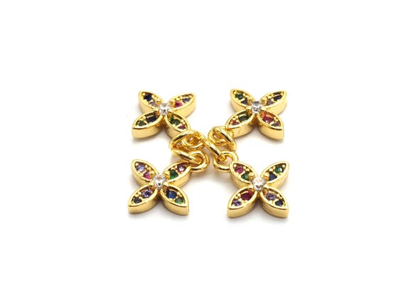 Cz Colorful Micro Pave Gold Flower Charm|Pendant, Flower Shaped Pave Pendant, Gold Plated, 10X12Mm, Sku#F732