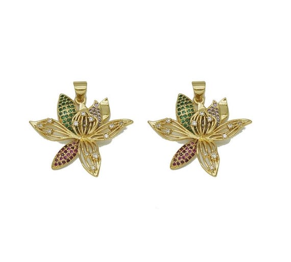 Gold Colorful Cz Lotus Flower Charm, Sku#Lk688