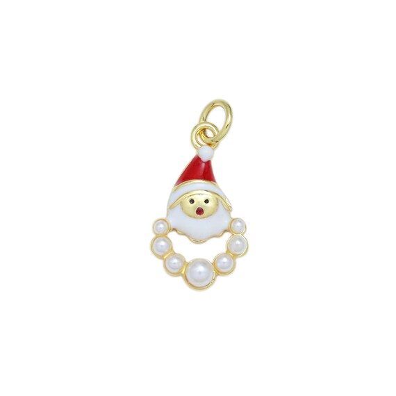 Cz Pave Enamel White Pearl Santa Claus Charm Pendant, Christmas Charm, Sku#Lk952