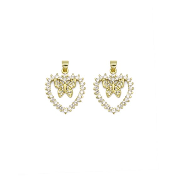 Gold Cz Butterfly On Heart Charm, Sku#Lk880