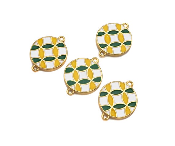 Enamel White Green Yellow Flower Pattern On Round Coin Connector,Colorful Enamel Gold Connector,Enamel Jewelry,20x15mm,Sku#Y421