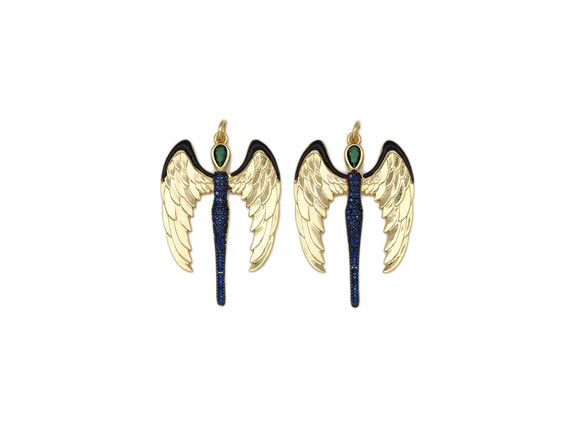 Cobalt Blue Cz Micro Pave Angel Wings Shape Pendant, 18K Gold Filled Green Cz Angel Wing Charm, Necklace Pendant,25X37Mm, Sku#L632