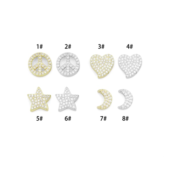 Clear CZ Gold Silver Heart Star Cresent Moon peace sign spacer beads Charm Pendant, Sku#LX945