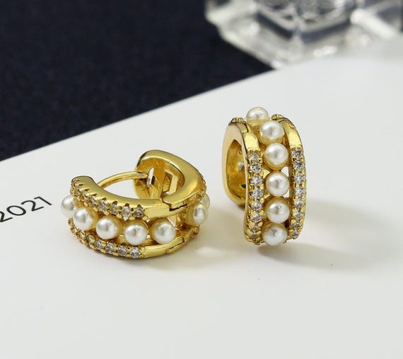Cz Gold Pearl Huggie Earrings, Sku#Y732