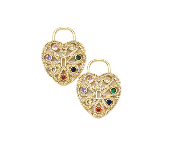 Colorful Cz Micro Pave Filigree Heart Shape Pendant,18K Gold Filled Heart Charm, Necklace Bracelet Charm Pendant, 40X30Mm,Sku#Lk407
