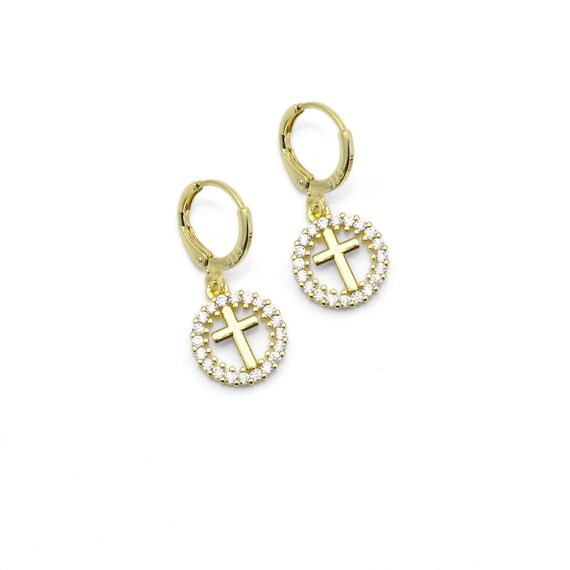 Cz Gold Cross On Round Ring Hoop Earrings, Sku#Lx250