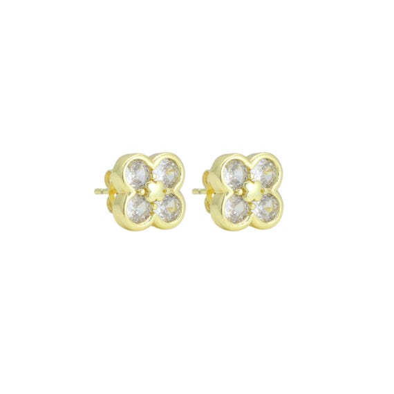 Clear Cz Gold Clover Flower Stud Earrings, Sku#Lk1136