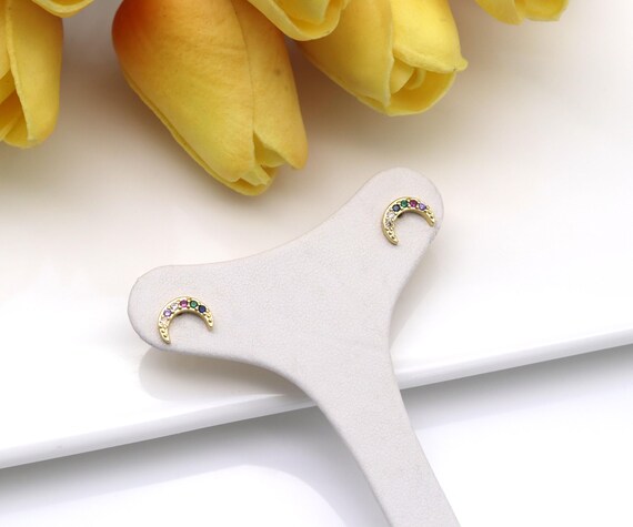 Colorful Cz Micro Pave Cresent Moon Shape Stud Earrings, 18K Gold Filled Latch Back Earrings, Cz Earring, Sku#Lk515
