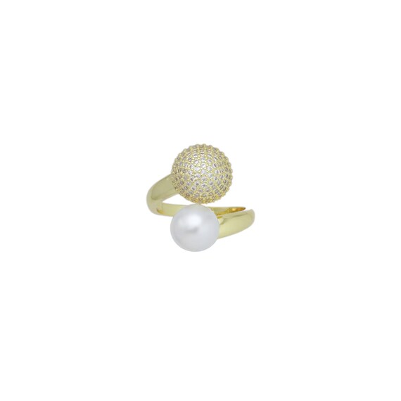 Cz White Pearl Gold Dome Adjustable Ring, Sku#Ld602