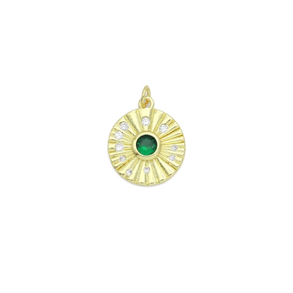 Cz Gold Radical Coin With Emerald Green Center Charm Pendant, Sku#Lk1174