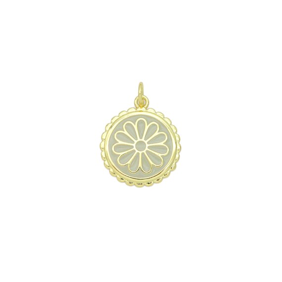 White Enamel Flower On Round Gold Charm Pendant, Sku#Lx802