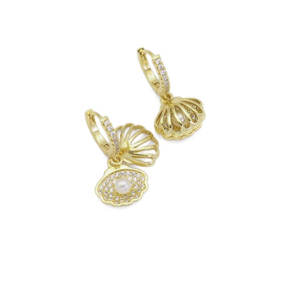 Clear Cz Gold Shell Pearl Huggie Earrings, Sku#Lk838