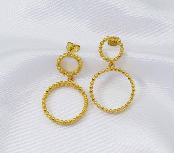 Gold Double Round Ring Latch Back Earrings, Sku#Zx61